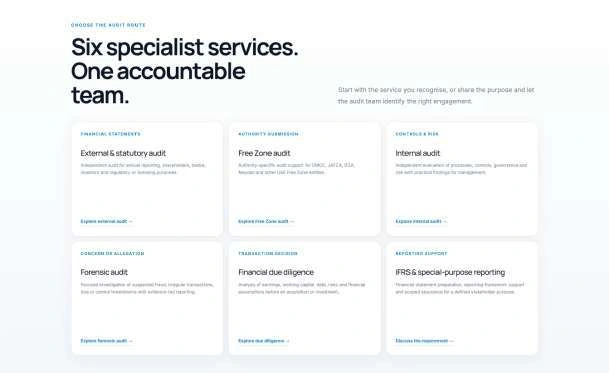 Six audit services presented by client requirement.