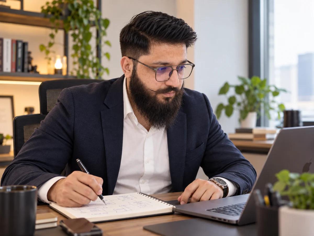 Umar Shahzad reviewing notes at a desk